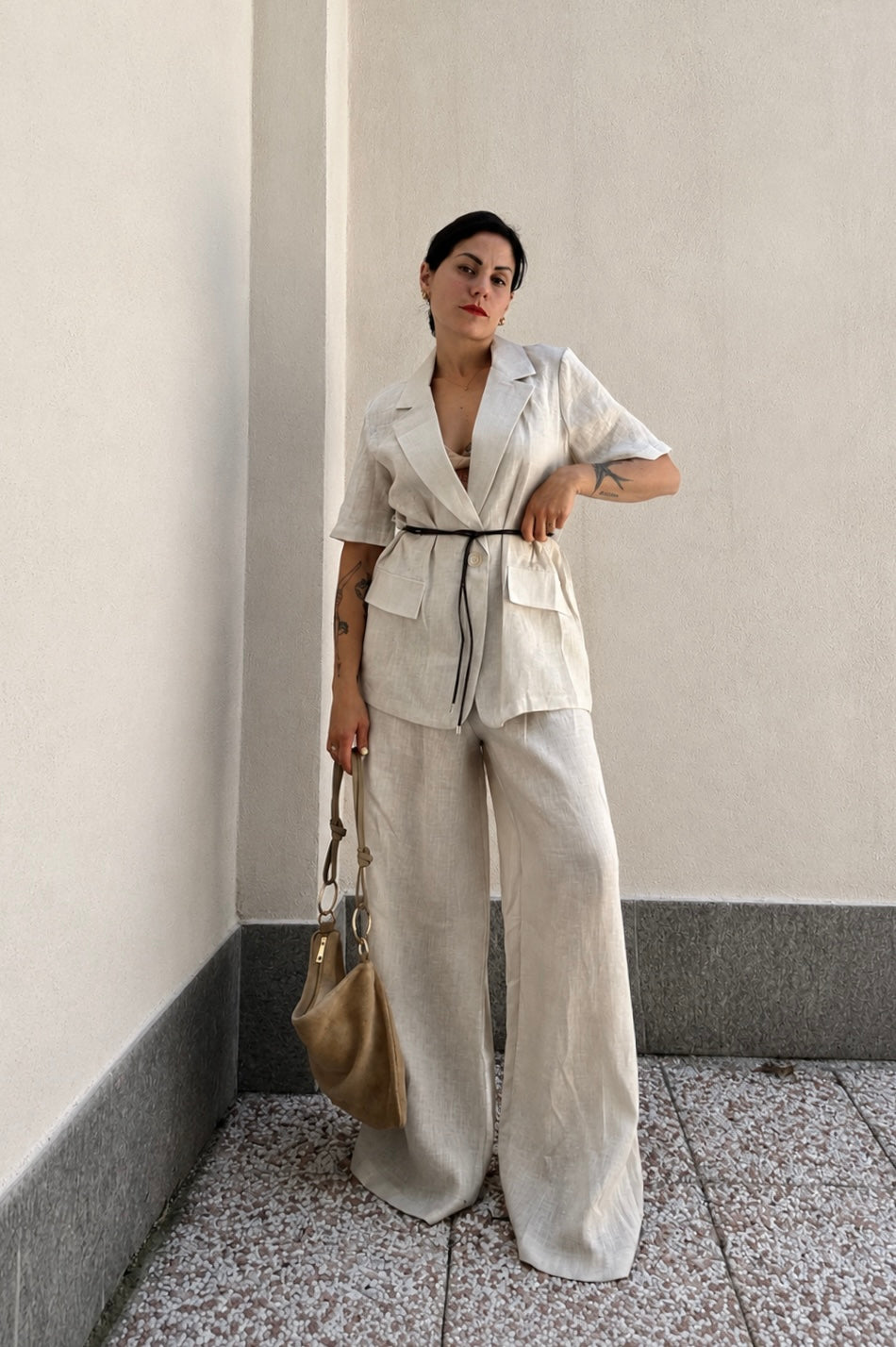 Blazer in lino Crema con cintura