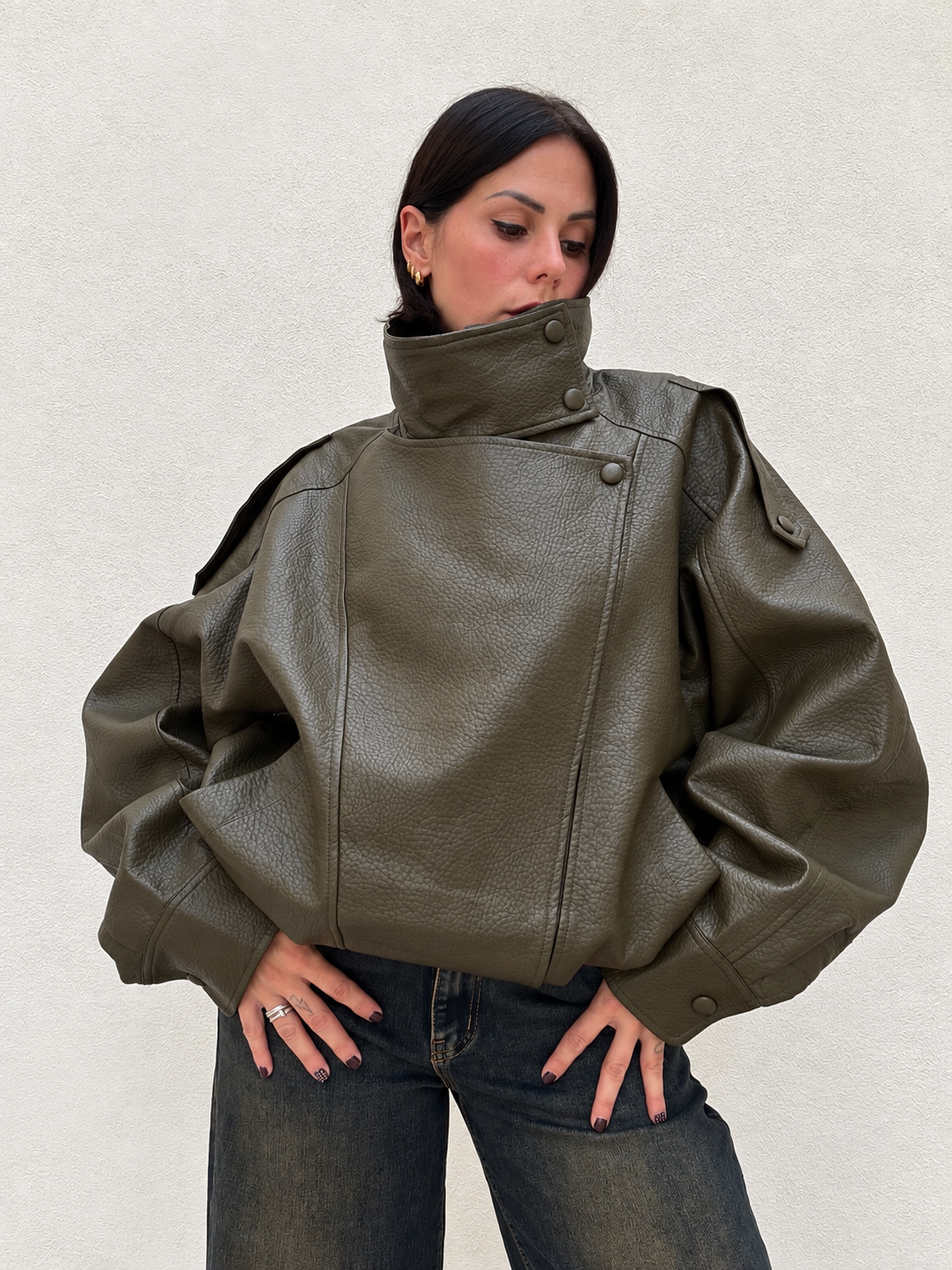 Giacca Pelle martellata  Oversize verde