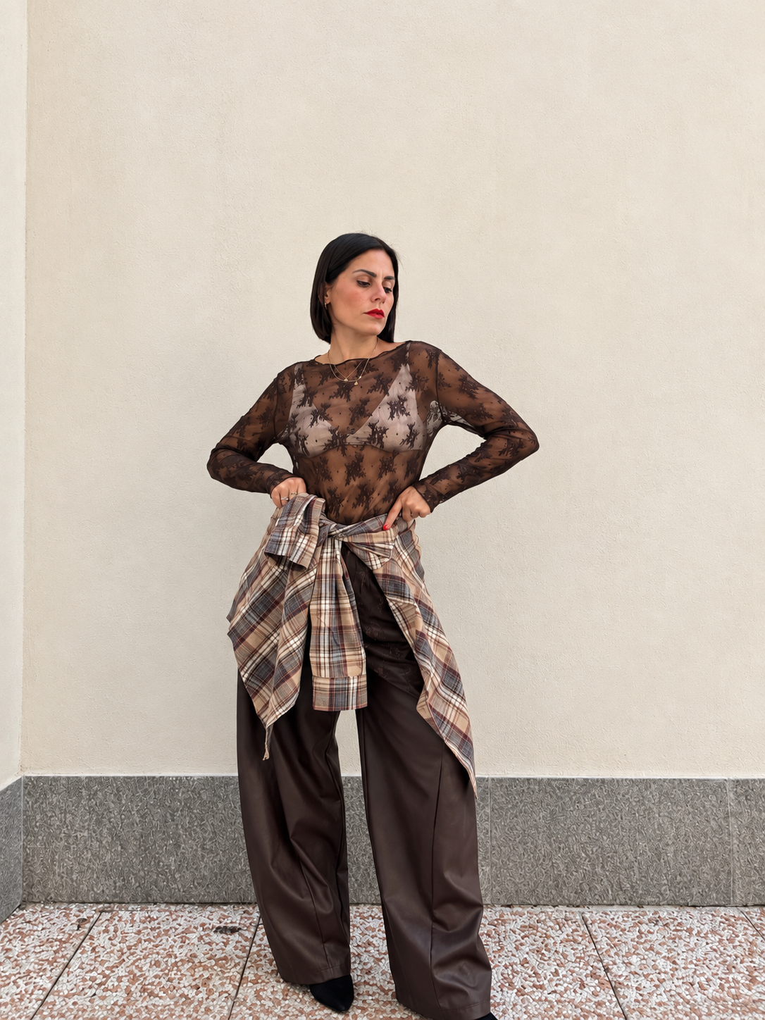 Maglia in tulle ricamata Marrone