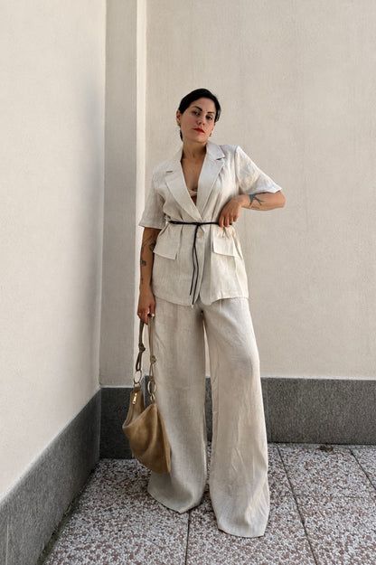 Blazer in lino Crema con cintura