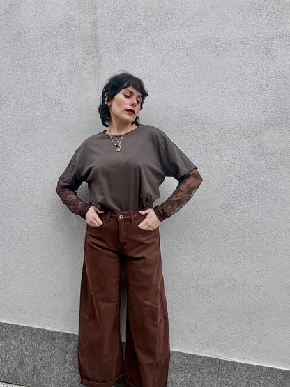 T-shirt manica in pizzo Marrone