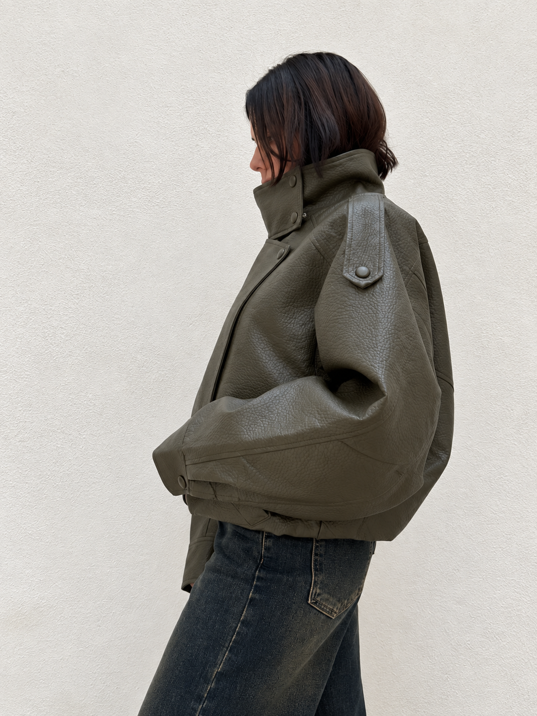 Giacca Pelle martellata  Oversize verde