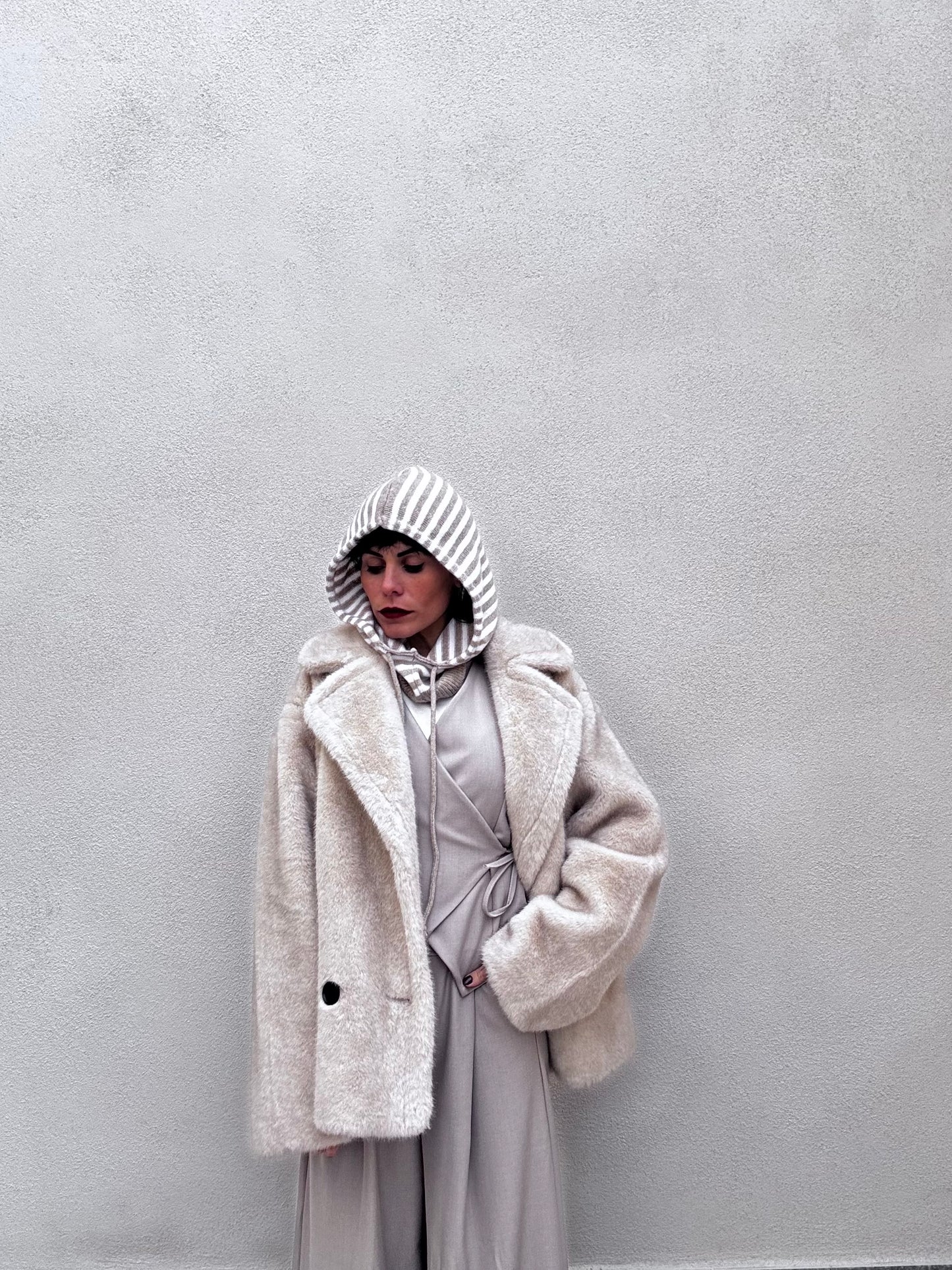 Balaclava misto cachemire righe panna & beige