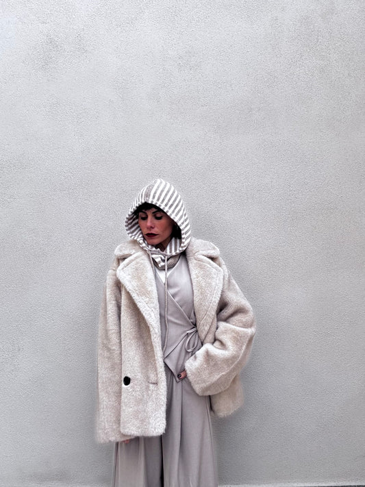 Balaclava misto cachemire righe panna & beige