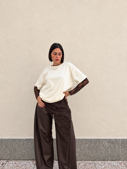 Maglia in tulle ricamata Marrone