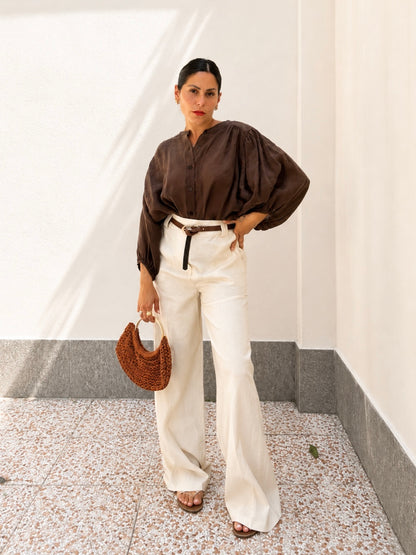 Pantalone misto lino con cintura