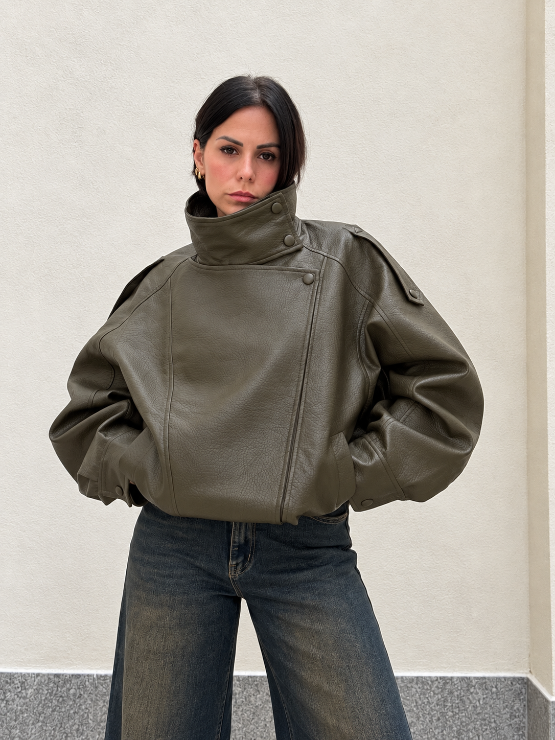 Giacca Pelle martellata  Oversize verde