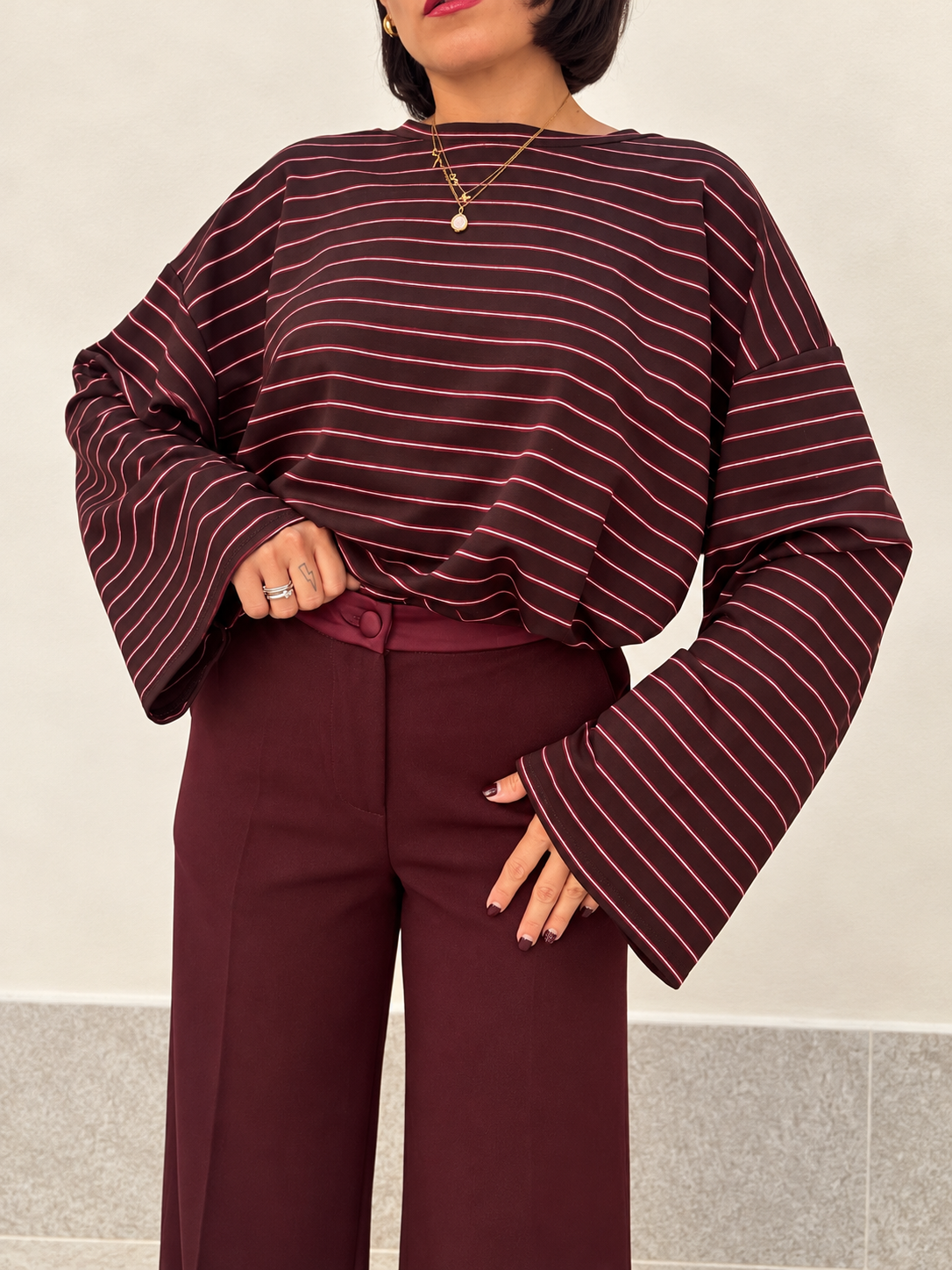 Maglia oversize rigata Chocolate & Red