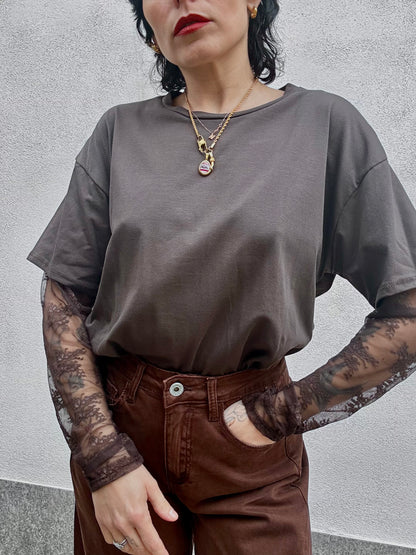 T-shirt manica in pizzo Marrone