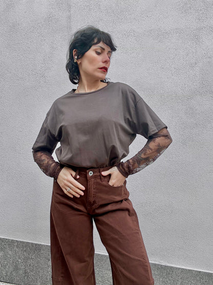 T-shirt manica in pizzo Marrone