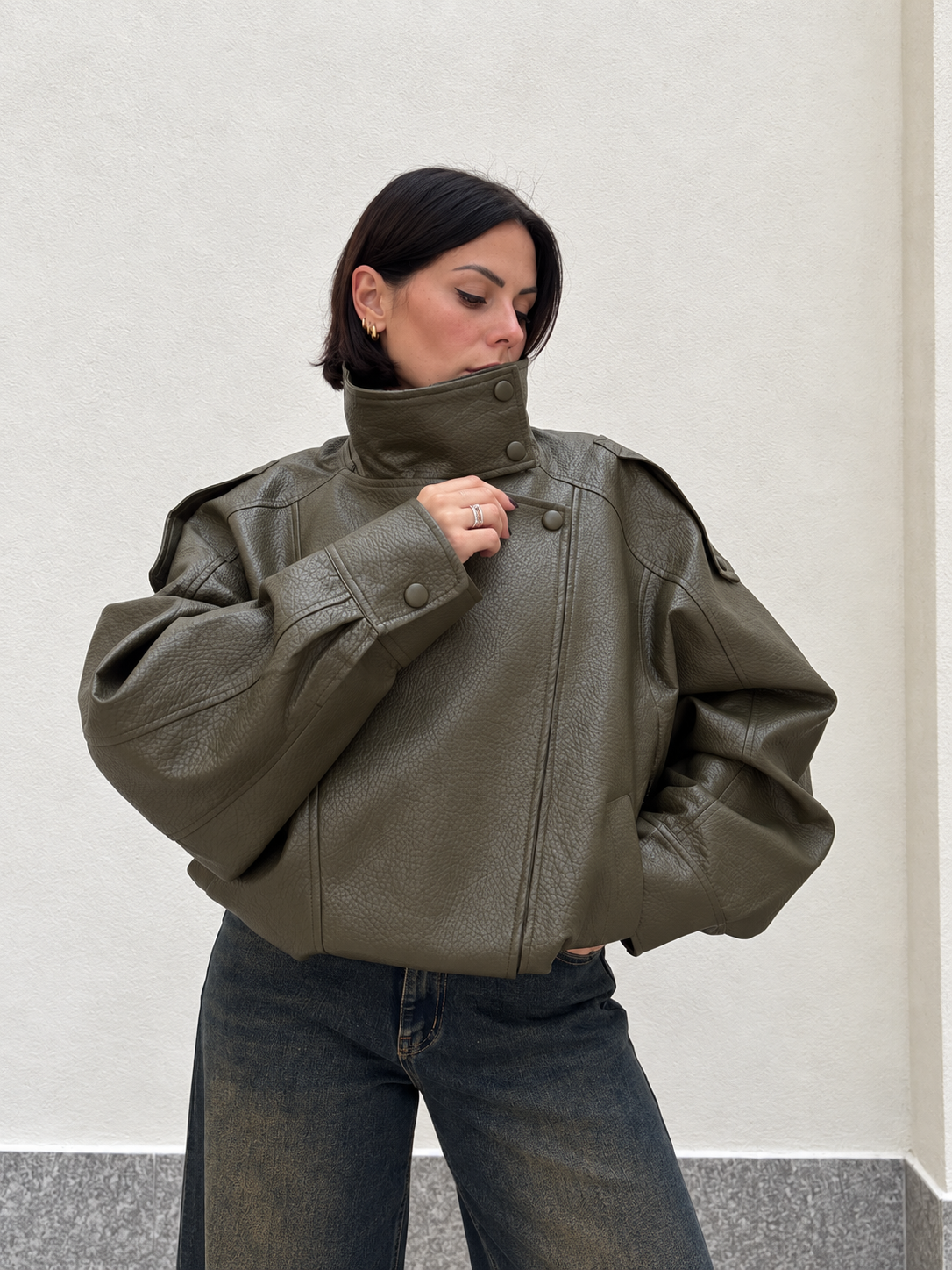 Giacca Pelle martellata  Oversize verde