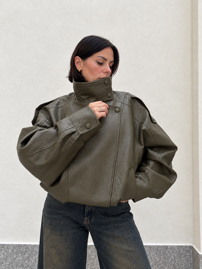 Giacca Pelle martellata  Oversize verde