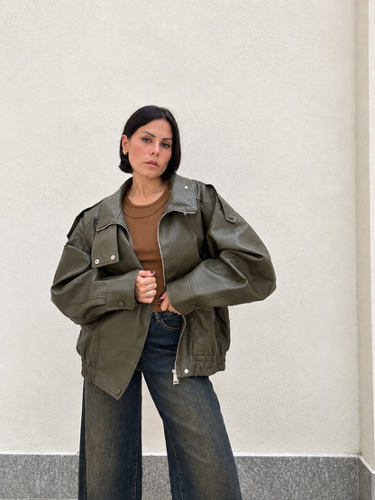 Giacca Pelle martellata  Oversize verde