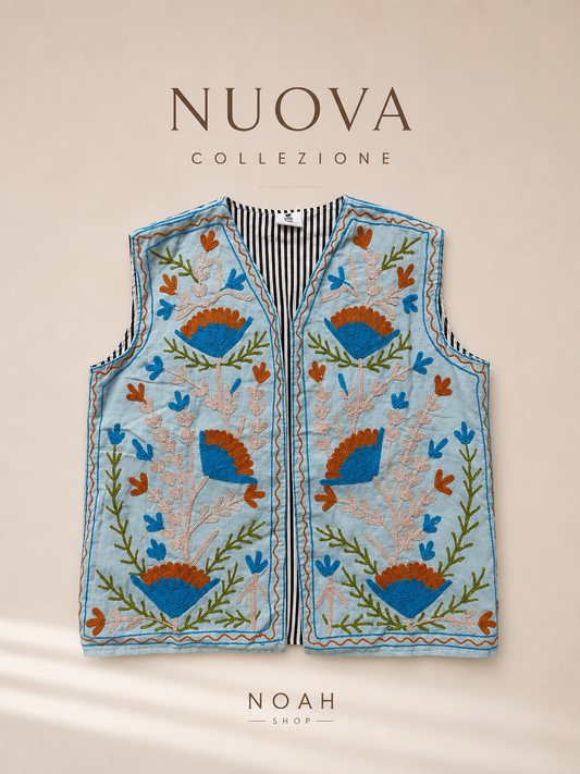 Gilet Ricami Azzurro&mattone