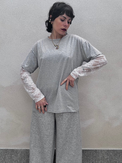 T-shirt manica in pizzo Grigia