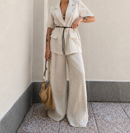 Blazer in lino Crema con cintura