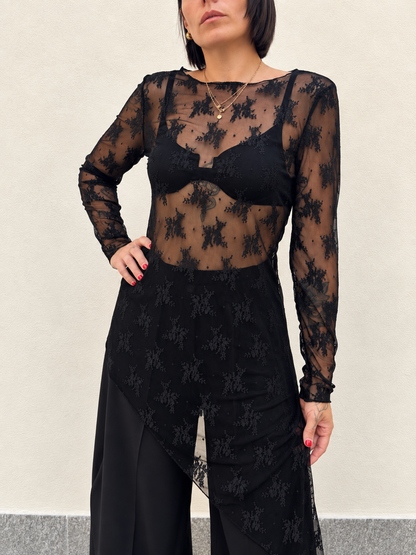 Maglia in tulle ricamata Nera