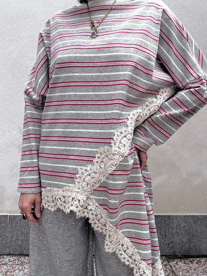 Maglia a righe con pizzo Grigio