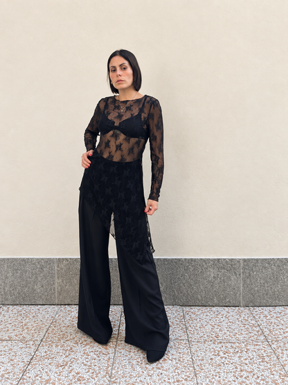 Maglia in tulle ricamata Nera