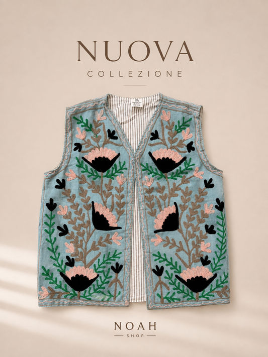 Gilet Ricami Azzurro&Rosa