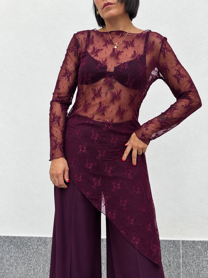 Maglia in tulle ricamata Bordeaux